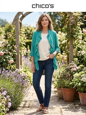 Chico's Teal Ruffle-Front Cardigan
